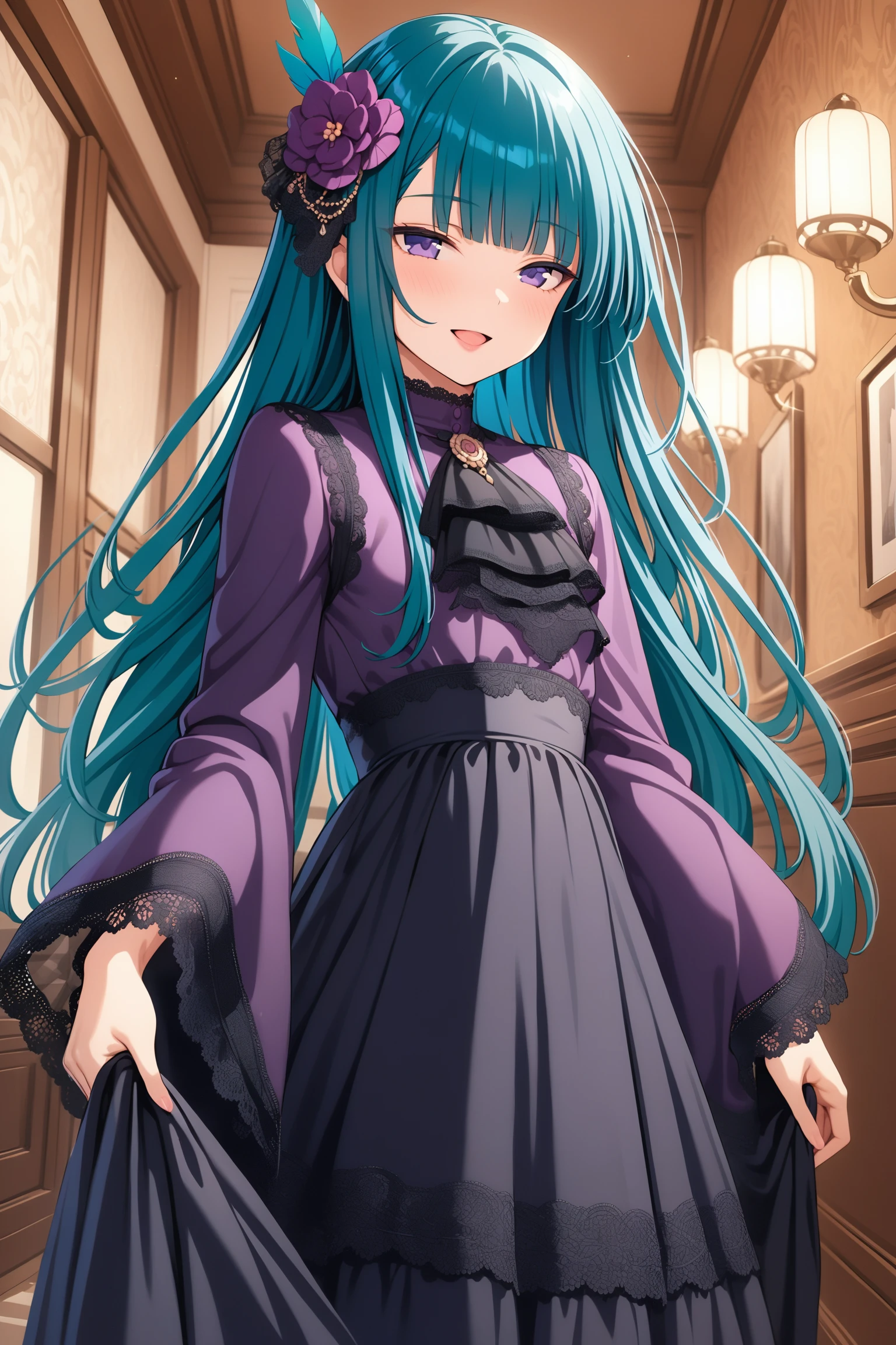 (masterpiece, best quality, very aesthetic, ultra detailed), intricate details, highly detailed background, perfect lightingbest quality, chiyouraayame, solo, indoors, aqua hair, blunt bangs, hair flower, feather hair ornament, very long hair, purple eyes, jewelry, small breasts, purple dress, black dress, lace-trimmed dress, ascot, lace trim, wide sleeves, lace-trimmed sleeves, smile, open mouth, :d, pink lips, <lora:Chiyoura-Ayame:0.7>