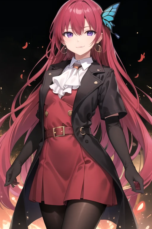 ((masterpiece)),(best quality),official art,extremely delicate and beautiful,extremely detailed CG,unity 8k wallpaper,ultra detailed,beautiful detailed eyes,extremely detailed face,outdoors,1girl,solo,cowboy shot,looking at viewer,facing viewer,smile,long hair,red hair,hair intakes,butterfly hair ornament,crescent earrings,hair between eyes,bangs,purple eyes,jewelry,black coat,wing collar,white ascot,collared shirt,white shirt,red dress,medium breasts,short sleeves,elbow gloves,black gloves,belt,red skirt,black pantyhose,high heel boots,brown footwear,<lora:Lydia Ignite(arobmi):0.4>,