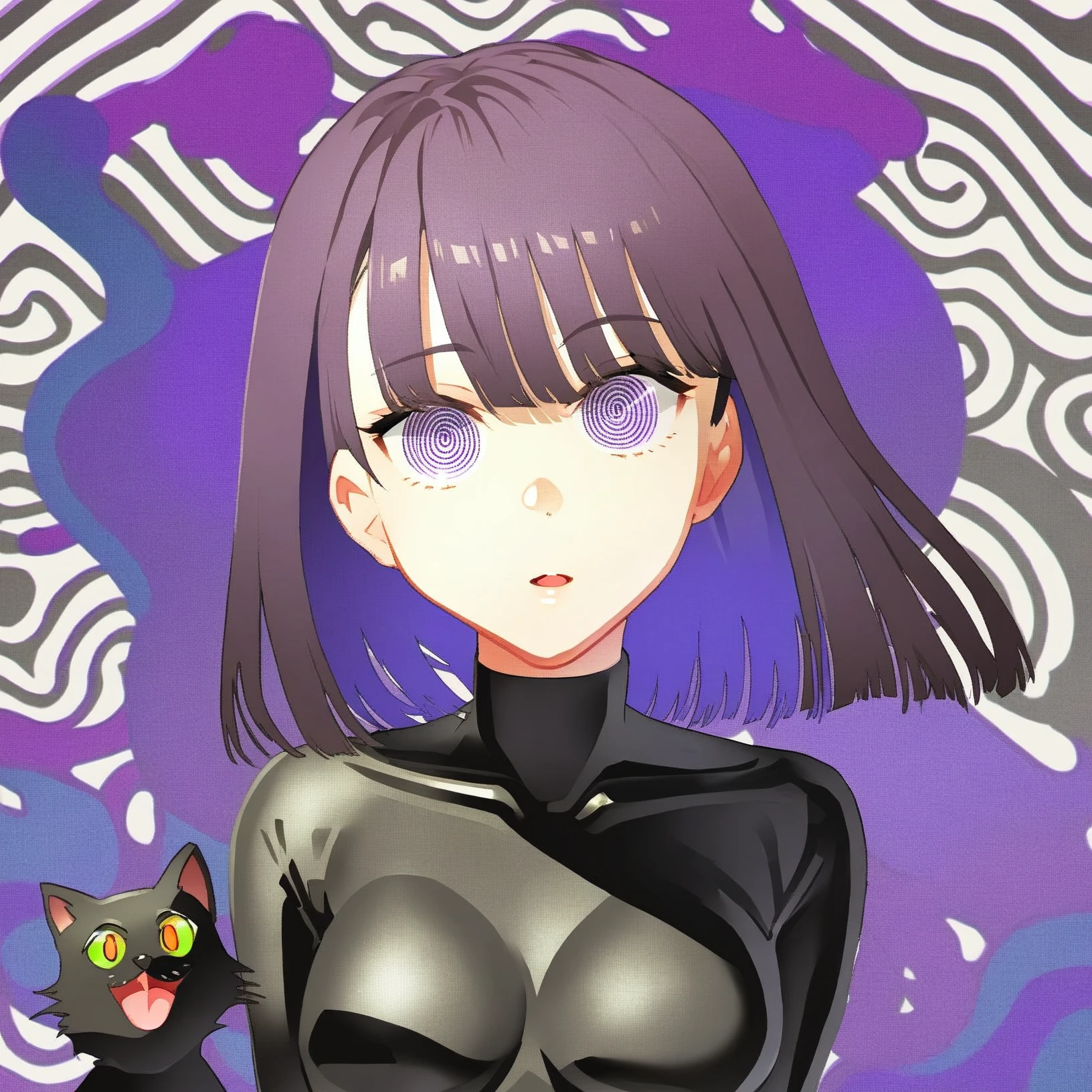 <lora:Atsushi_Ohkubo_Style_1_V_1.1-000001:1>, woman, latex suit, large eyes, swirly eyes, purple hair, cat, black and white psychedelic background, art by Atsushi Ohkubo