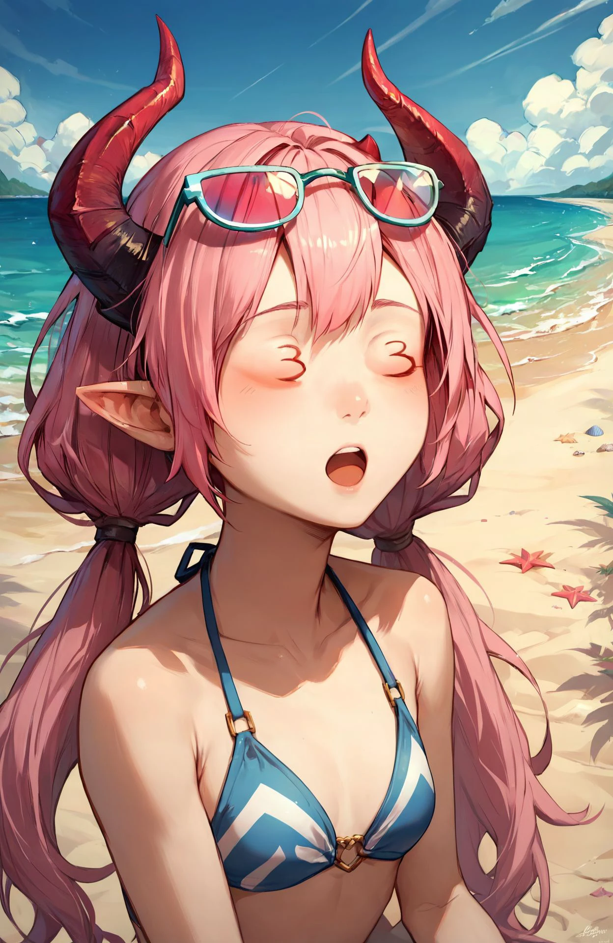 <lora:3_3:0.8> 3_3, closed eyes, 1girl, eyewear on head, outdoors, beach, open mouth, upper body, pink hair, twintails, horns, kneeling, upper body, bikini, hands on ground,, score_9, score_8_up, score_7_up, score_6_up, score_5_up, score_4_up, ponypositive,