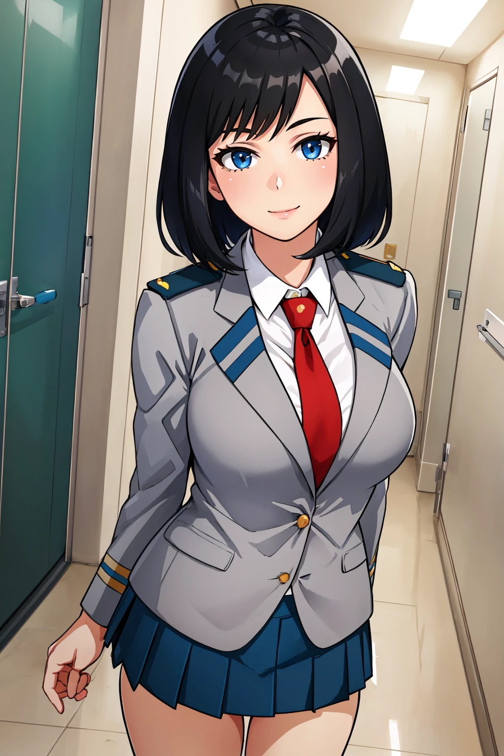 masterpiece, best quality, 1girl,  <lora:kodaiyui-nvwls-v1-000009:0.9> kodaiyui, grey blazer, collared shirt, red necktie, pleated skirt, large breasts, looking at viewer, hallway, smile