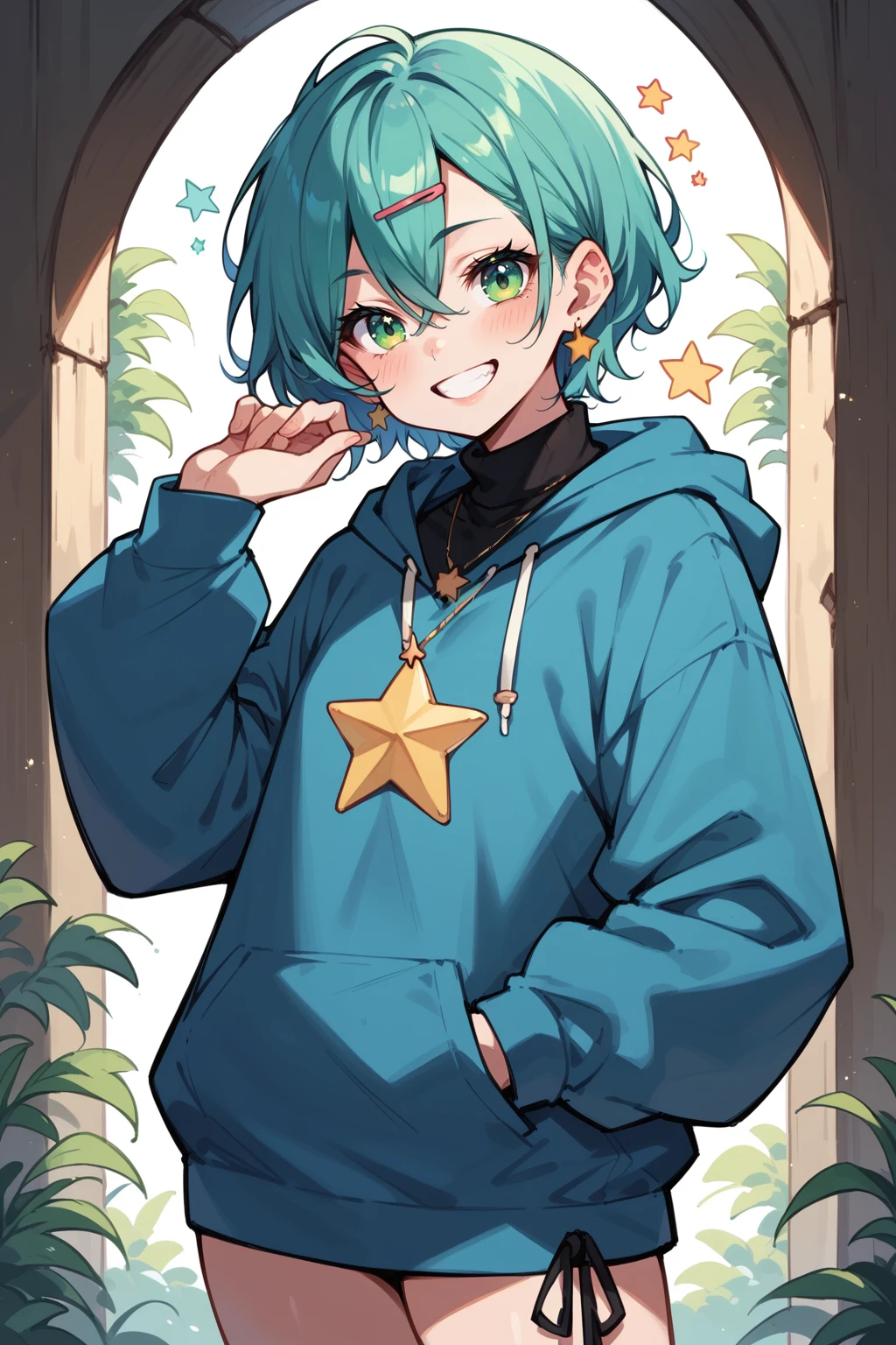 PonyXLV6_Scores , 1girl, blue hair, blush, cowboy shot, drawstring, earrings, green eyes, green hair, grin, hair between eyes, hair ornament, hairclip, hand in pocket, hand up, hood, hood down, hoodie, jewelry, long sleeves, looking at viewer, necklace, short hair, smile, solo, standing, star , (symbol), star earrings, sweater, turtleneck