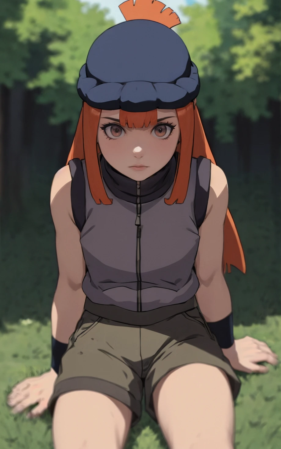 ((masterpiece, best quality)), insaneres, absurdres, solo,  vanishing point, 
NARUTO_Kunoichi_Sasame_ownwaifu, 
1girl, long hair, orange hair, blunt bangs, hat, brown eyes, sidelocks, blue headwear,  ponytail, topknot, 
sleeveless, vest, shorts, bare shoulders, jacket, turtleneck, bare arms, bike shorts, black shorts, grey shirt, sleeveless shirt, wristband,
(from above, sitting)<lora:NARUTO_Kunoichi_Sasame_ownwaifu:0.9>,
outdoors, lens flare, depth of field, bokeh, embers, looking at viewer,