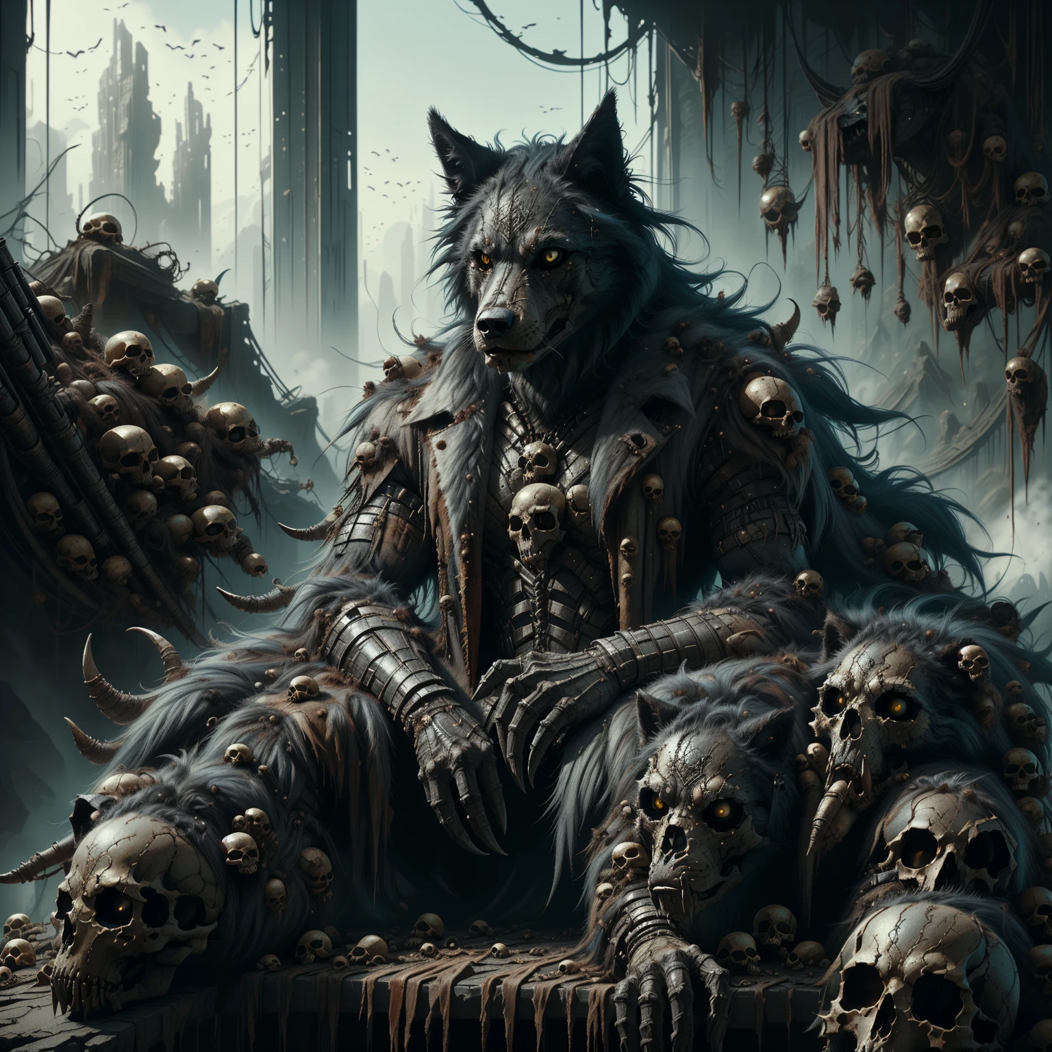 <lora:EPSavageVerse-30:1.0>, EPSavageVerse, grimdark, post-apocalypse, primal, portrait of a black wolf sitting, art nouveau, D&D, fantasy, elegant, highly detailed, digital painting, artstation, concept art, matte, sharp focus, illustration, art by Artgerm and Greg Rutkowski and WLOP
