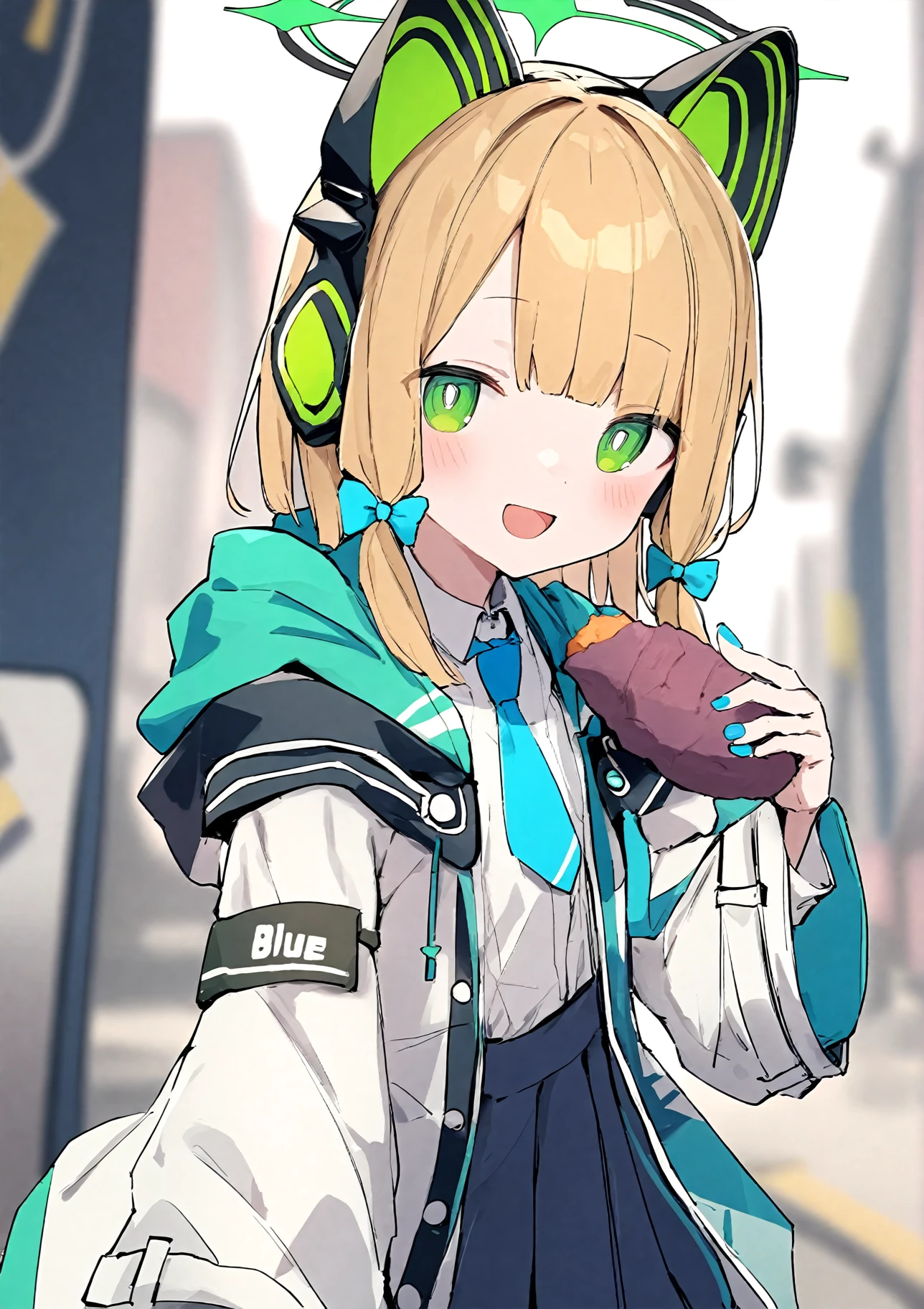1girl,
midori \(blue archive\), blue archive,
aiamu iamu,
holding food, holding, hooded jacket, food, sidelocks, :d, collared shirt, blurry, long sleeves, puffy sleeves, headphones, blue bow, hand up, necktie, upper body, halo, looking at viewer, jacket, sleeves past wrists, blush, nail polish, blue necktie, animal ear headphones, blurry background, blonde hair, shirt, green eyes, hood down, open clothes, depth of field, hood, smile, white jacket, fake animal ears, bow, puffy long sleeves, open jacket, solo, dress shirt, animal ears, white shirt, blue nails, hair bow, long hair, drawstring, sweet potato,
masterpiece, best quality, absurdres, highres, safe
<lora:aiamu_iamu_image45_2024-03-28_a31-000040:1>
