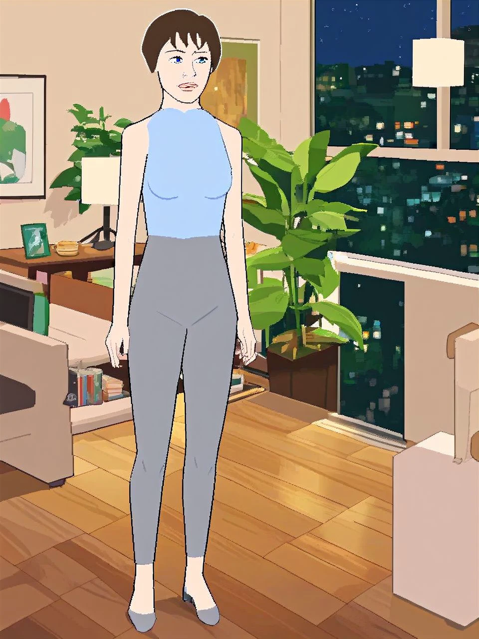 score_9,score_8_up,score_7_up,score_6_up, BREAK solo, 1girl, standing, (high-rise apartment, indoors, night:1.2), <lora:grac3FCD_PDXL:1.0> grac3fcd, lips, short hair, brown hair, blue eyes, light blue shirt, sleeveless shirt, grey pants, black slipons, full body