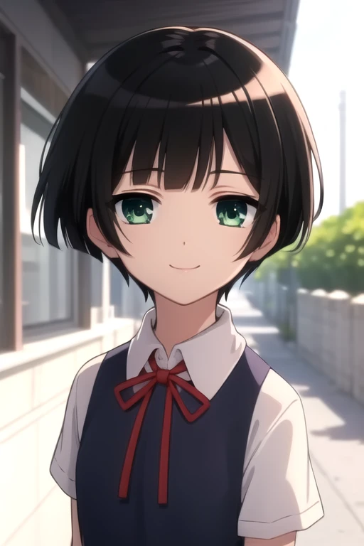 ((masterpiece)),(best quality),official art,extremely delicate and beautiful,extremely detailed CG,unity 8k wallpaper,ultra detailed,beautiful detailed eyes,extremely detailed face,outdoors,1girl,solo,upper body,(portrait:1.5),looking at viewer,facing viewer,smile,(petite:1.2),Ichimatsu Kohina,medium hair,black hair,bob cut,blunt bangs,green eyes,school uniform,red ribbon,sleeveless dress,black dress,white shirt,collared shirt,small breasts,white socks,uwabaki,<lora:Ichimatsu Kohina(gk)>,