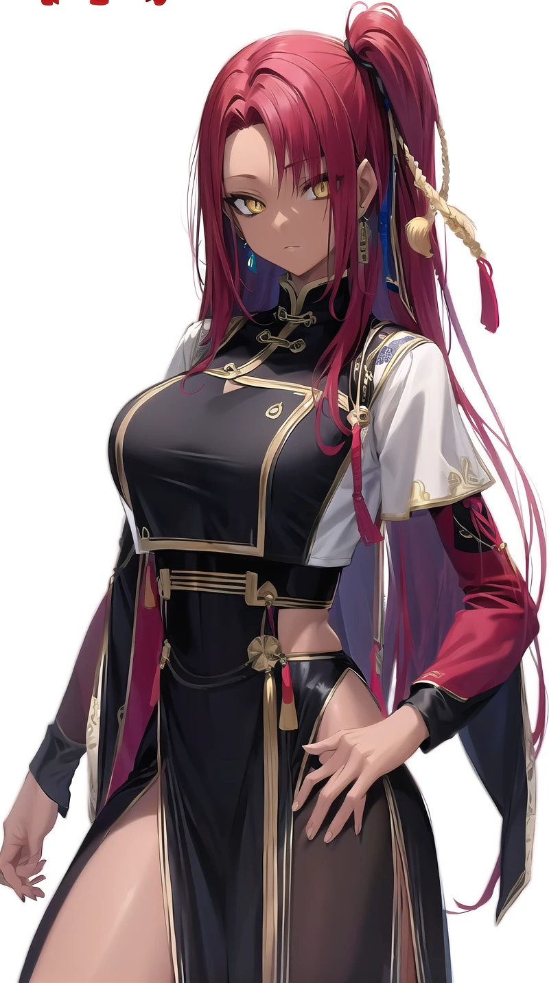 side ponytail, red hair, yellow eyes,dark-skinned female,
hair ribbon, earrings,
(chinese clothes:1.28),
lady,mature female, cowboy shot,
(white background,simple background:1.18),
highres,official art,original,masterpiece,best quality,
(huge breasts:0.8),
<lora:æ³è¦æä¸ºå½±ä¹å®åè-å¦®å¨:0.8>