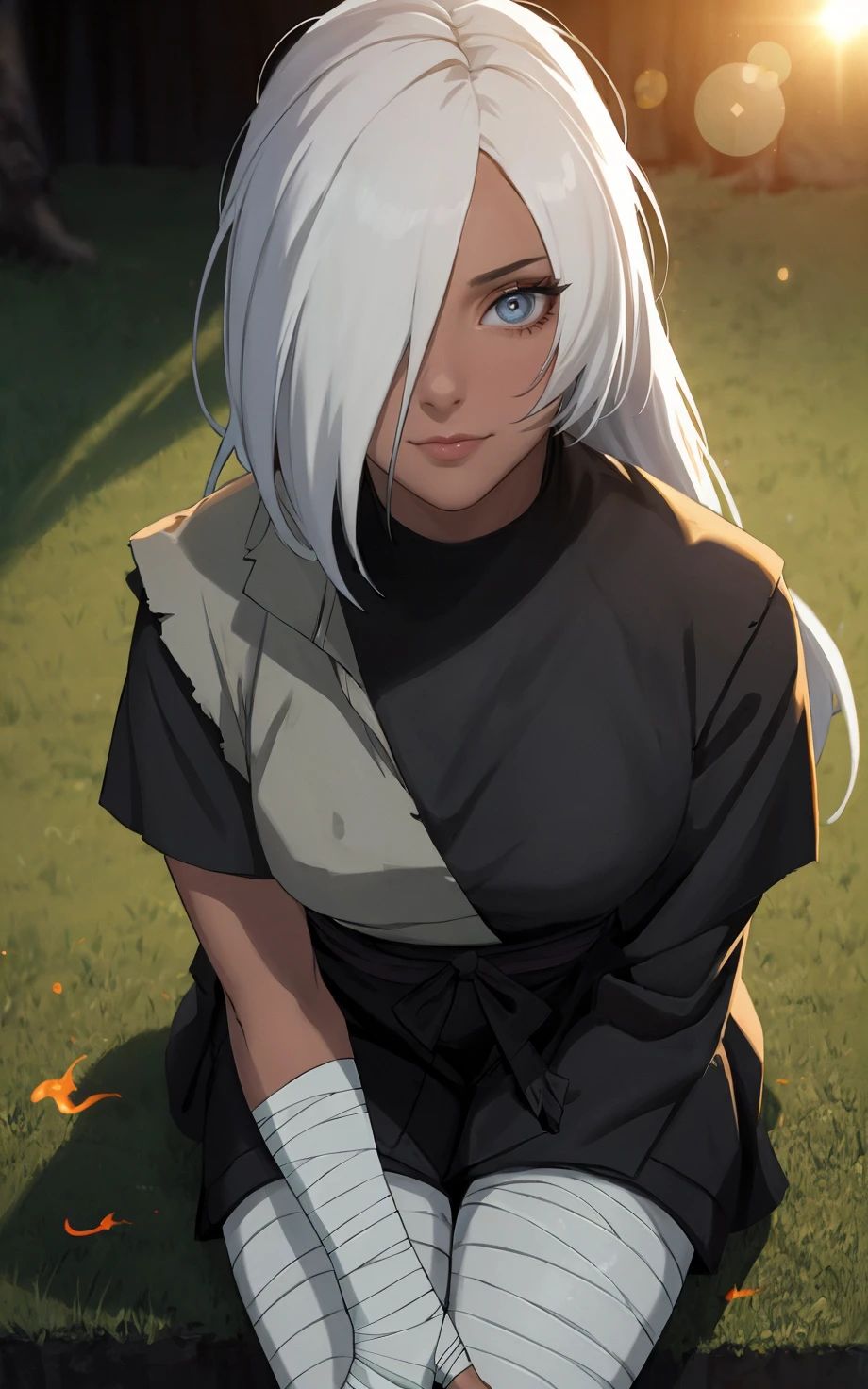 ((masterpiece, best quality)), insaneres, absurdres, solo,  vanishing point, 
HairDown_Ryuzetsu_ownwaifu, 
1girl, grey eyes, hair down, ringed eyes, white hair, long hair, hair over one eye, dark skin, dark-skinned female, breasts, 
bandages, bandaged arm, vest, bandaged hand, black shirt, ninja, shirt,
(from above, sitting)<lora:NARUTO_Movie_Ryuzetsu_ownwaifu:0.9>,
outdoors, lens flare, depth of field, bokeh, embers, looking at viewer,