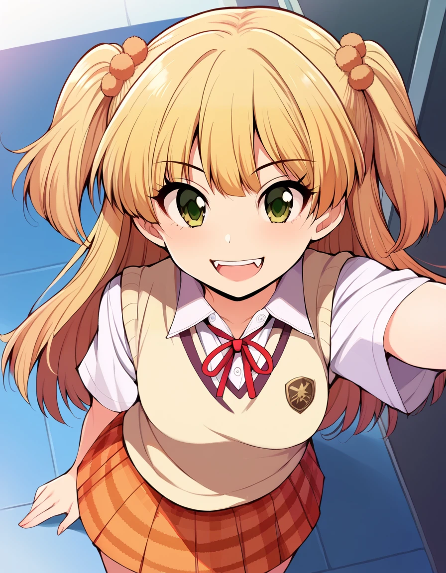 score_9, score_8_up, score_7_up, source_anime,
nsfw, 1girl solo, cowboy shot,  dating, smile, looking at viewer,  from above,
jougasaki rika, blonde hair, long hair, two side up, red ribbon, green eyes,  fang, small breasts, school uniform, white shirt, sweater vest, orange skirt, plaid skirt, 
 <lora:Serebi_pony_v1:1> srbi,