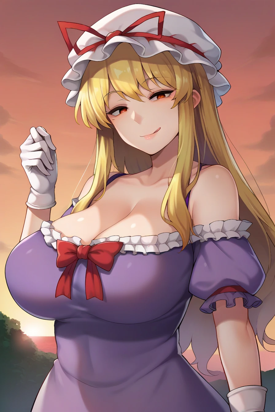 score_7_up,anime,1girl,solo,huge breasts,<lora:segg_gesture_v2_wasabiya:1>,segg gesture,hand up,yakumo yukari,mob cap,ribbon,bow,blonde hair,long hair,mature female,sunset,red sky,partially shaded face,(glowing eyes:0.5), red eyes,half-closed eyes,smirk,frills,purple dress,upper body,shadow,outdoors,(from below:0.5),head tilt,close up,pressure,femdom,aggressive female,frilled dress,bare shoulders,off-shoulder dress,white gloves,tongue,