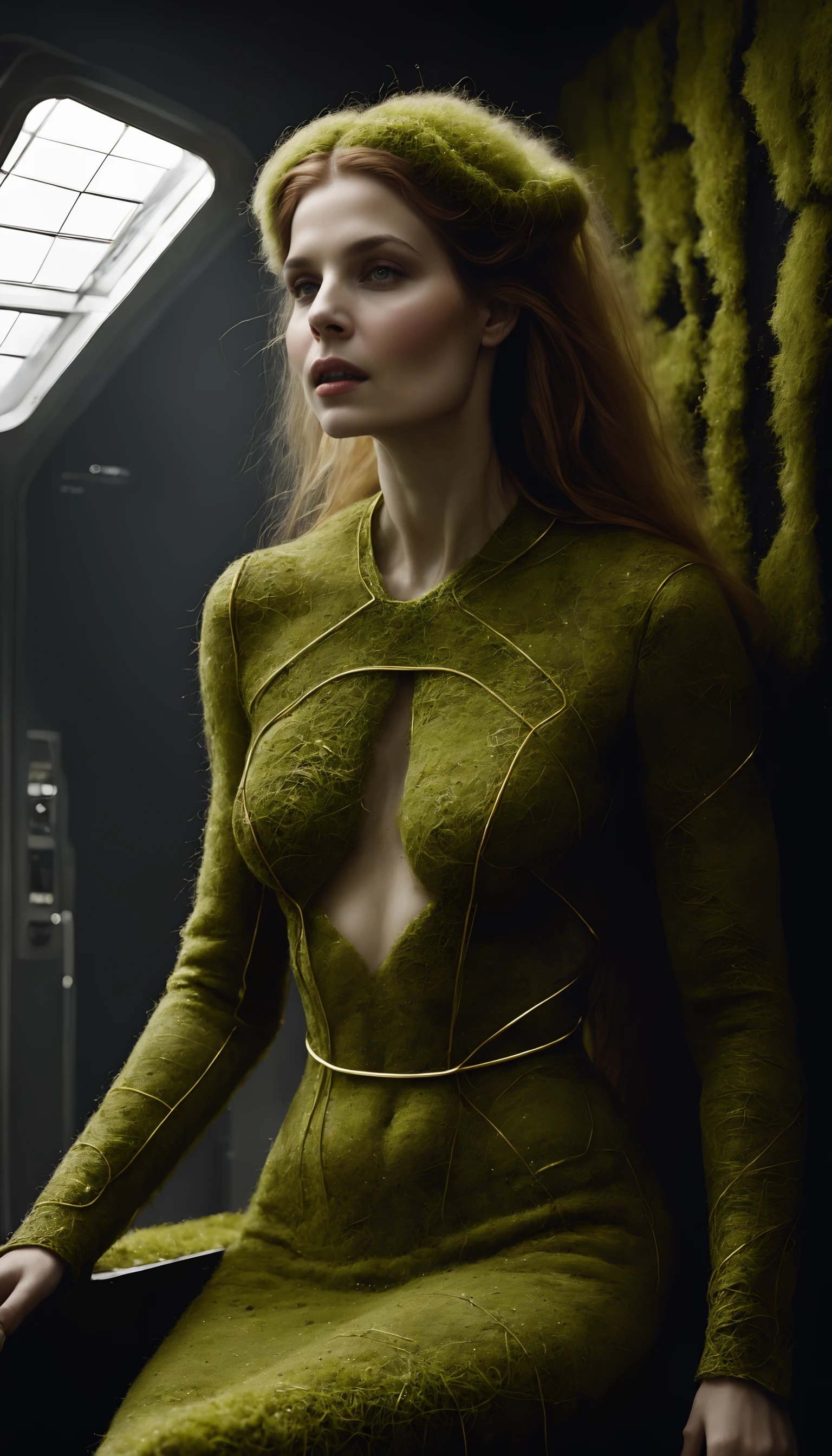 <lora:mosscoveredXL:1>moss, woman, clothes in location: orbital habitat, (Masterpiece:1.3) (best quality:1.2) (high quality:1.1)