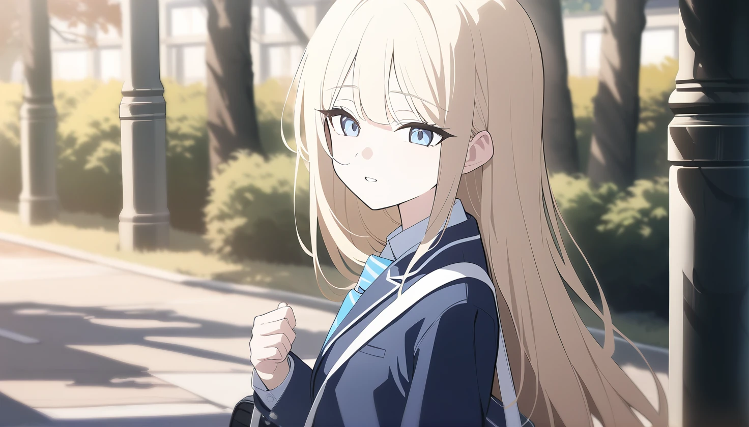 1girl,bluearchive style,solo,school_uniform,bag,outdoor,upper_body,newest,medium quality,general,masterpiece,<lora:phone_game_v2.2-000140:0.9>,