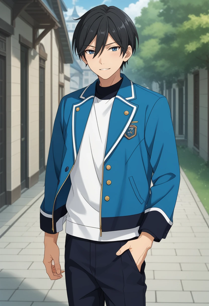 score_9, score_8_up, score_7_up, masterpiece, best quality, cute,Hokuto Hidaka, black hair, blue eyes, solo, male focus<lora:EMS-364669-EMS:1.000000>