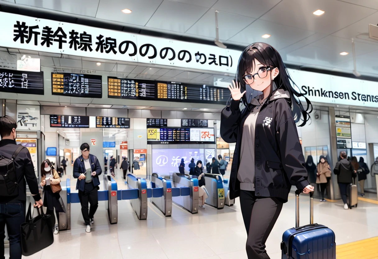 masterpiece, best quality, very aesthetic, absurdres,
1girl, solo, glasses, black hair, long hair, hoodie, pants, rolling suitcase, smile, looking at viewer, solo focus, waving,
shinosaka, norikaeguchi, ticket gate, multiple boys, real world location, train station, scenery
<lora:shinosakaeki_norikaeguchi_SDXL_V1:1>