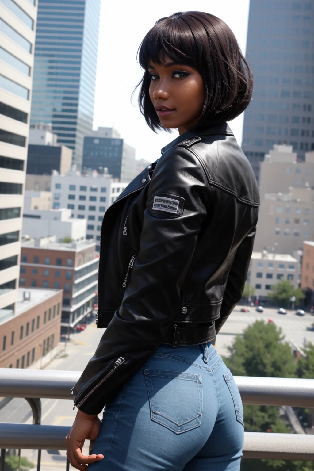 <lora:mondongo_LoRA_JennaFoxx:0.9> mndngwmn, bob haircut, bangs, (ultra realistic, 8k,high quality), above the waist photo, wearing a leather jacket, jeans, on a city downtown, daytime