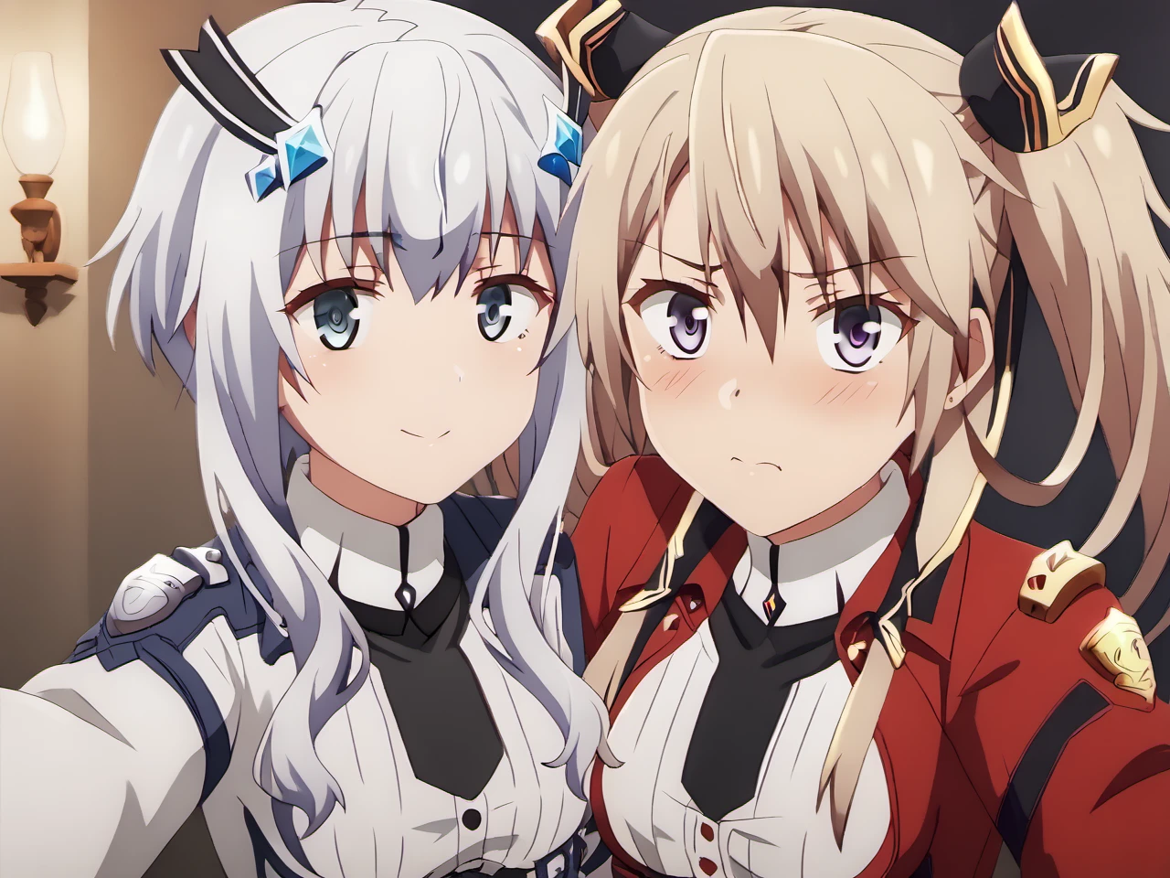 score_9,  score_8_up, score_7_up, score_6_up, rating_explicit, source_anime, (2girls:1.3), <lora:NecronSistersSDXL-32-32-C-bf16:1>, fantasy, castle,  perfect lighting,  anime screencap, BREAK
MishaNecron, short hair with long locks,  uniform, gray hair, gray thighhighs, hair ornament, light smile, short tie, white dress, blue eyes, long sleeves, selfie, BREAK
SashaNecron, blonde hair, (twintails), red uniform, black thighhighs, purple eyes, garter straps, blush,  selfie,
