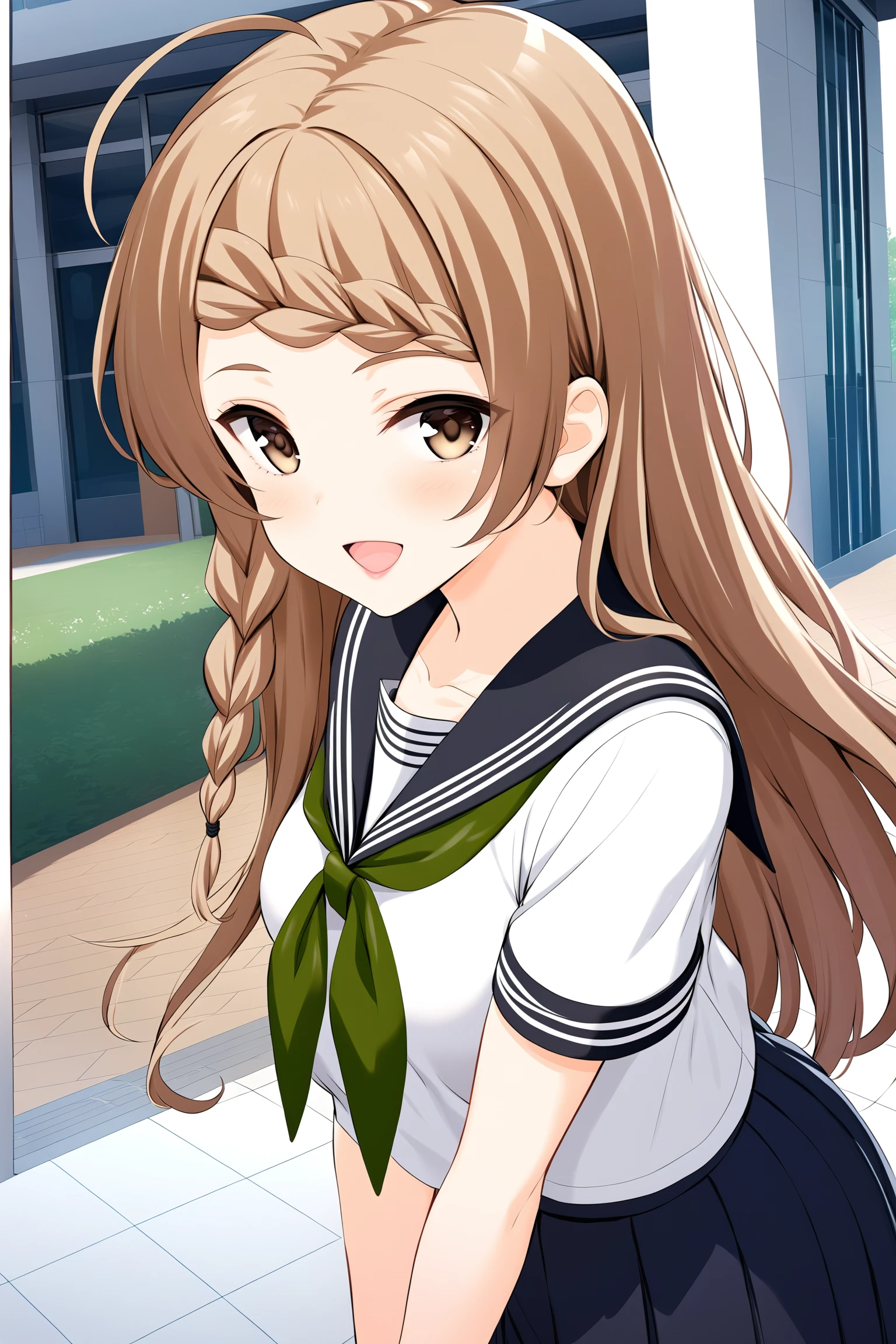 (masterpiece, best quality, very aesthetic, ultra detailed), intricate details, highly detailed background, perfect lightingbest quality, miyoshinao, solo, outdoors, school, light brown hair, ahoge, braided bangs, single braid, long hair, brown eyes, medium breasts, white serafuku, white shirt, black sailor collar, green neckerchief, short sleeves, black skirt, pleated skirt, school uniform, smile, open mouth, :d, pink lips, <lora:Miyoshi-Nao:0.7>