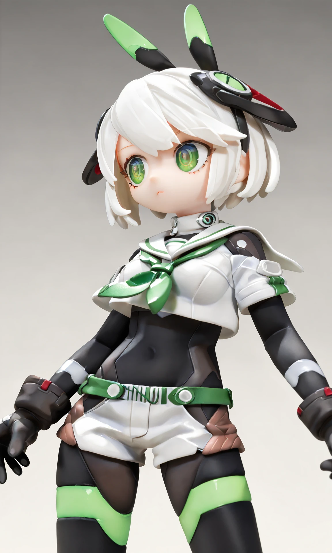 (score_9,score_8_up,score_7_up),source_anime,lvzi, short_hair, 1girl, gloves, green_eyes, white_hair, simple_background, solo, colored_skin, black_gloves, white_background, bodysuit, closed_mouth, standing, shorts, black_bodysuit, short_shorts, shirt, breasts, small_breasts, crop_top, cowboy_shot, white_shirt, bodysuit_under_clothes, cropped_legs, looking_to_the_side, neckerchief, green_neckerchief, white_shorts, sailor_collar, white_sailor_collar ,<lora:lvzi-000002:1>, best quality,amazing quality,very aesthetic,absurdres,, <lora:lvziXL-000010:0.8>