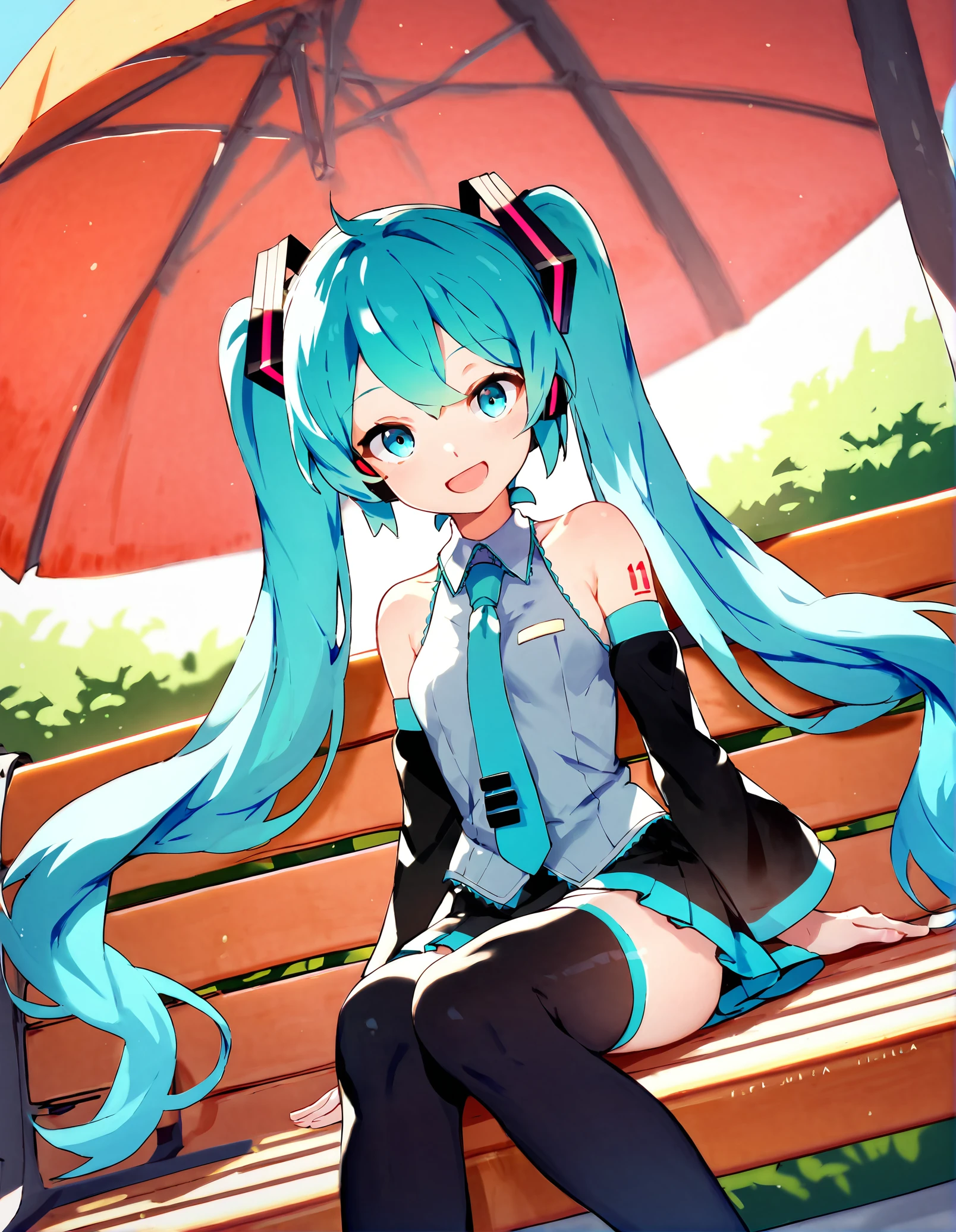 score_9, score_8_up, score_7_up,score_6_up, rating_safe, a girl is sitting on a park bench, open mouth, smile,light blush, detached sleeves, black thighhighs, black skirt, dutch angle, (hatsune miku:0.8), <lora:Blvefo9_style_pony6_v1:.8>