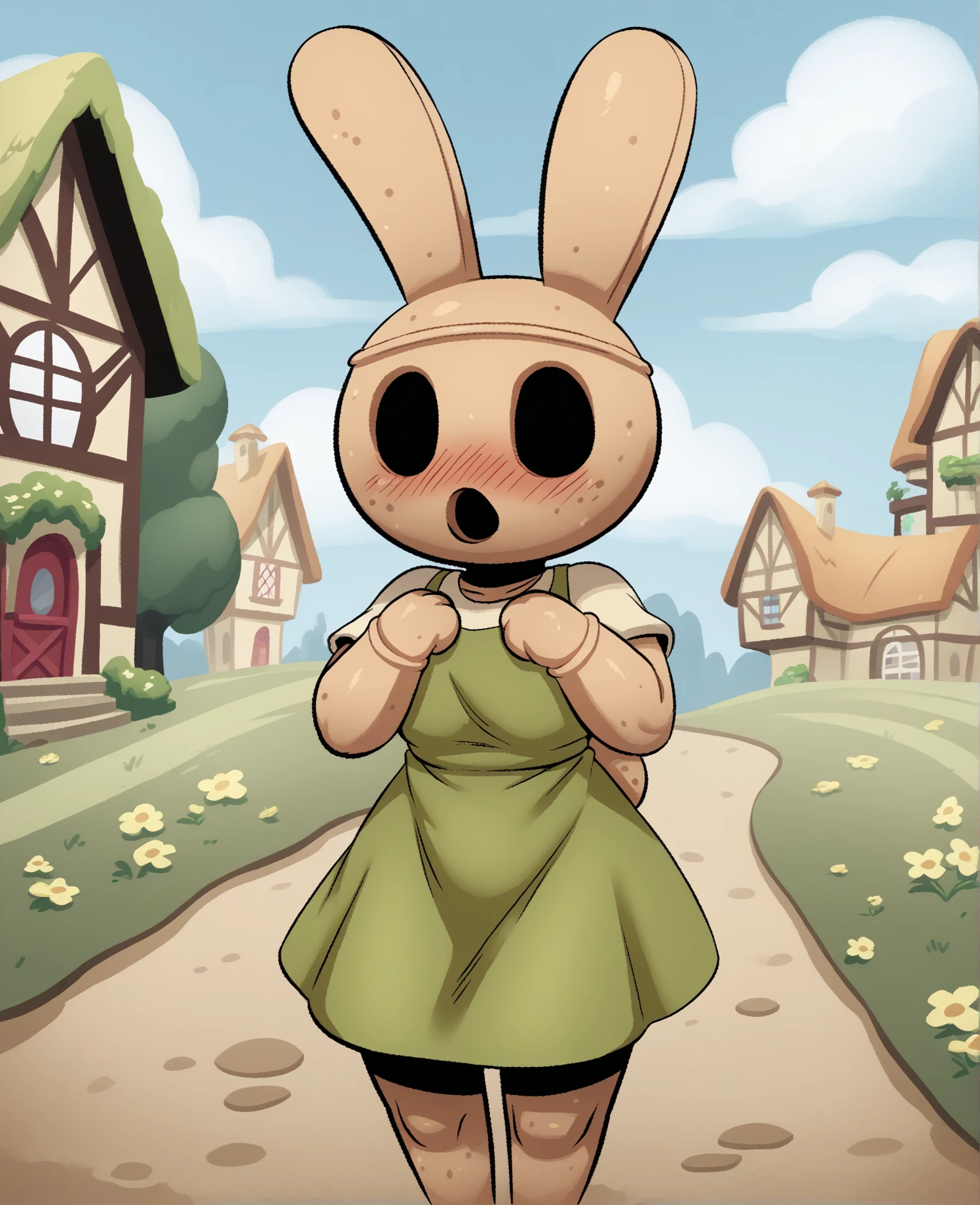 score_9, score_8_up, score_7_up, score_6_up, score_5_up, score_4_up, source_furry, ohwpmx, eba, coco \(animal crossing\), animate inanimate, gyroid, lagomorph, leporid, mammal, rabbit, anthro, biped, black eyes, blush, clothed, clothing, empty eyes, female, noseless, open mouth, green clothing, dress, solo, standing, topwear, detailed background, outside, field, village, island, looking at viewer, shy, simple eyes, simple face,
<lora:coco_pdxl:1>