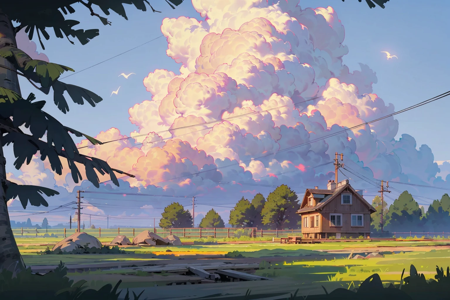 sky, cloud, scenery, outdoors, day, blue sky, no humans, tree, bird, building, power lines, house, contrail(illustration:1.0), masterpiece, best quality, <lora:cloudyday:0.6>