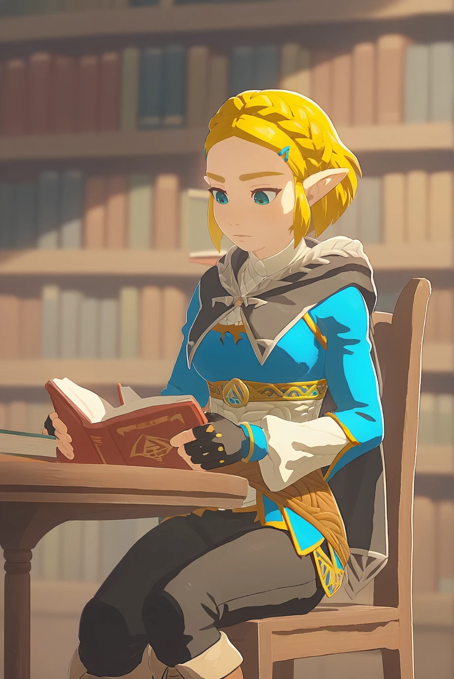 score_9, score_8_up, score_7_up, score_6_up, score_5_up, score_4_up, BREAK source_anime, 1girl, solo,
<lora:ZeldaXL-v2-07:1.0>, ChopioZelda, blonde hair, aqua eyes, pointy ears, looking down,
medium breasts,
short hair, crown braid, sidelocks, parted bangs, hairclip,
outfit_1, blue crop top, gold trim, white undershirt, breastplate, layered sleeves, brown sash, black gloves, fingerless gloves, black pants, knee boots, brown footwear,
black cape, hooded cape,
library, table, chair, book, reading,