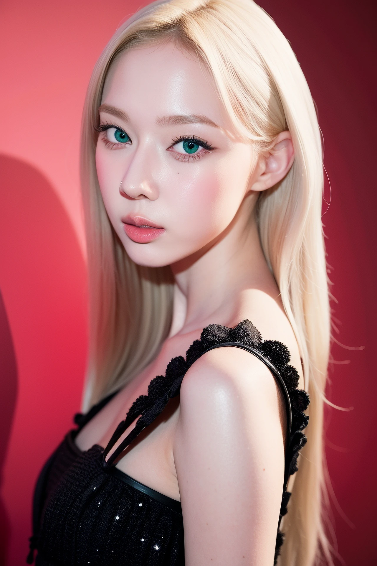 (best quality, masterpiece, highres, high quality),
1girl, solo, green eyes, looking at viewer, long hair, blonde hair, lips, dress, long eyelashes,