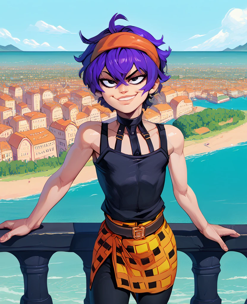 score_9,score_8_up,score_7_up,score_6_up,
Naranciaxl,short hair,black eyes,purple hair,lips,flat chest,  smug,   
black choker,orange headband,black tank top,belt,orange checkered sarong,black pants,
france,cityscape,ocean,
<lora:NaranciaJJEoH:0.9>,