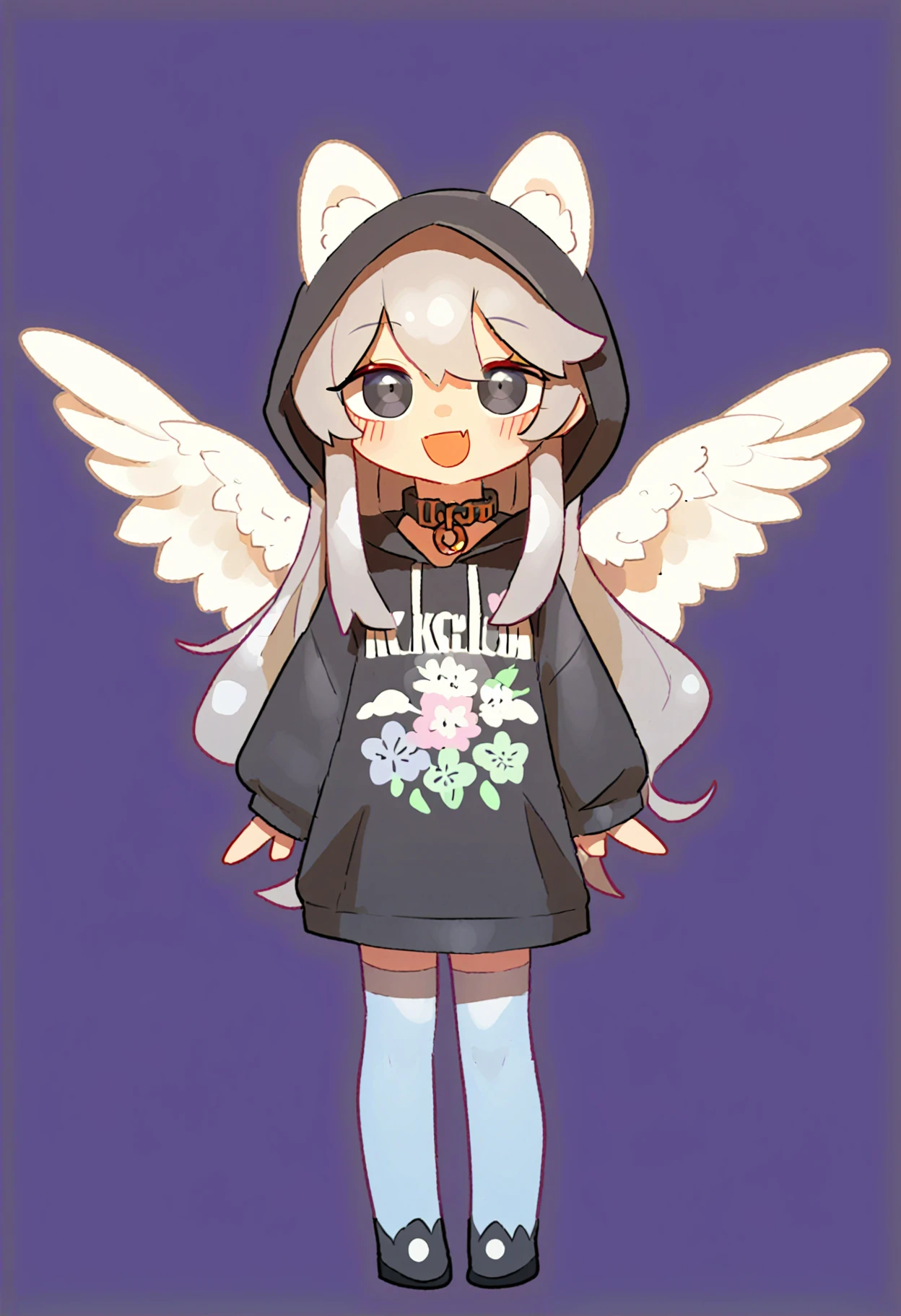 score_8_up,score_7_up,lvzi,1girl,grey hair,{{black eyes}},alternate costume,{{floral print}},1girl, {{{lchild,ddler}}},wings, {{solo}}, open mouth, striped, smile, grey hair, , collar, :d, hood, full body, bangs, animal ears, long hair, {{{{{sleeves past fingers}}}}}, standing, eyebrows visible through hair, blush, long sleeves, angel wings,black_eyes, hair_between_eyes, {{{{white_outline}}}}, looking_at_viewer, sleeves past wrists, animal hood, {{{{outline}}}}, fang,, hood_up,, <lora:lvziXL-000010:0.8>