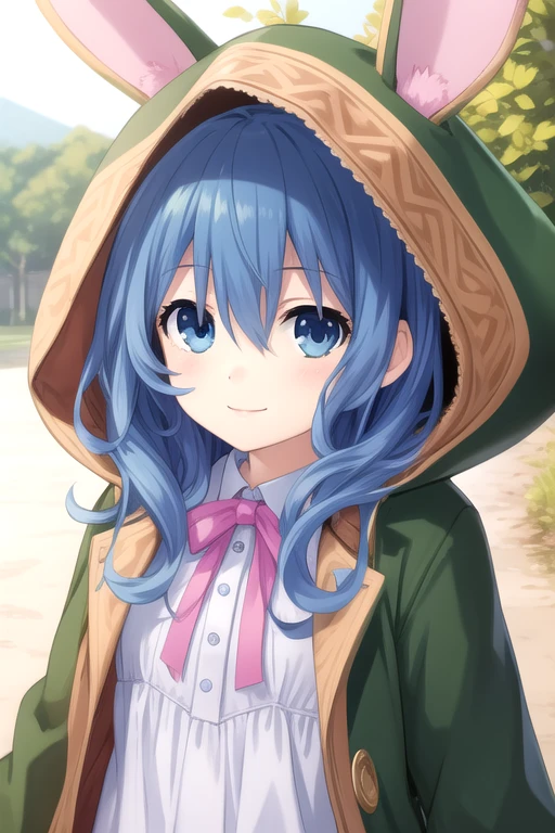 ((masterpiece)),(best quality),official art,extremely delicate and beautiful,extremely detailed CG,unity 8k wallpaper,ultra detailed,beautiful detailed eyes,extremely detailed face,outdoors,1girl,solo,upper body,(portrait:1.5),looking at viewer,facing viewer,smile,yoshino (date a live),long hair,blue hair,wavy hair,bangs,hair between eyes,blue eyes,green coat,loose coat,frilled coat,bunny ears hood,green hood,button,pink ribbon,white dress,frilled dress,small breasts,pink socks,boots,green footwear,<lora:Yoshino(dal)>,<lora:TSNeptunia-000045:0.5>,