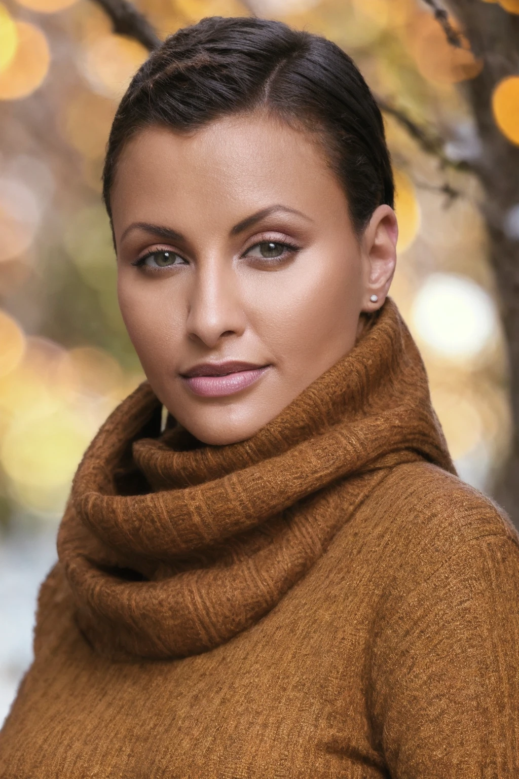 professonial photoshooting, highres, 4k, <lora:Veronica_Vanoza:0.85> Veronice Vanoza in a turtleneck sweatshirt and a scarf, short hair, brown eyes, autum ambience, bokeh, close-up portrait