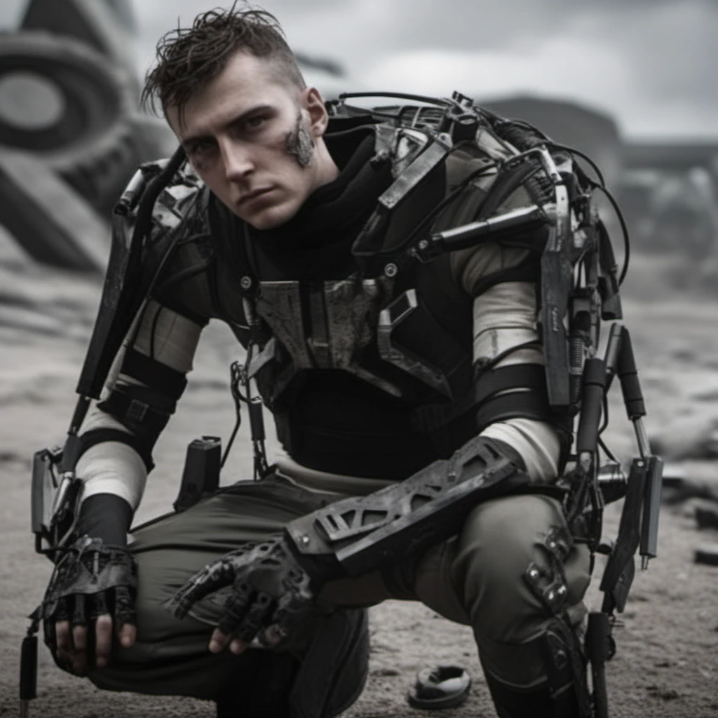 Dystopian style a man in a futuristic suit <lora:Elysium1024:0.8> . Bleak, post-apocalyptic, somber, dramatic, highly detailed