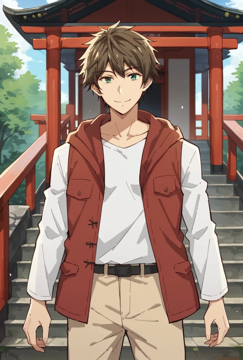 score_9, score_8_up, kajiwara akihito, 1boy, solo, green eyes, red vest, hood, white shirt, beige pants, smile, happy, looking at viewer, stairs, shrine, outdoors, daylight