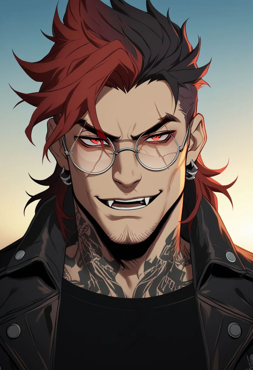 cbxzz, 1boy, male focus, solo, red eyes, glasses, jewelry, tattoo, jacket, facial hair, earrings, stubble, red hair, dyed bangs, two tone hair, black hair, gradient hair, thick eyebrows, scar, round eyewear, leather jacket, black shirt, upper body, portrait, smirk, upper teeth only, fangs, detailed eyes, goatee, textured skin, subtle highlights, natural lighting, looking at viewer, vibrant, vivid colors, enigmatic PonyXLV6_Scores