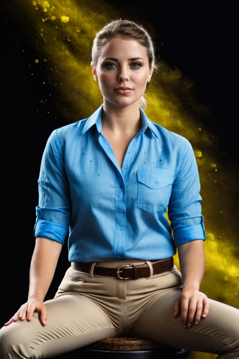 cinematic film still portrait of radiant linnea in linen shirt and khaki pants, blue and yellow splash, sitting, black background <lora:colorSplash:1> . shallow depth of field, vignette, highly detailed, high budget Hollywood by taika waititi, bokeh, cinemascope, moody, epic, gorgeous, film grain, grainy . 35mm photograph, film, bokeh, professional, shot by cig harvey, 4k, highly detailed