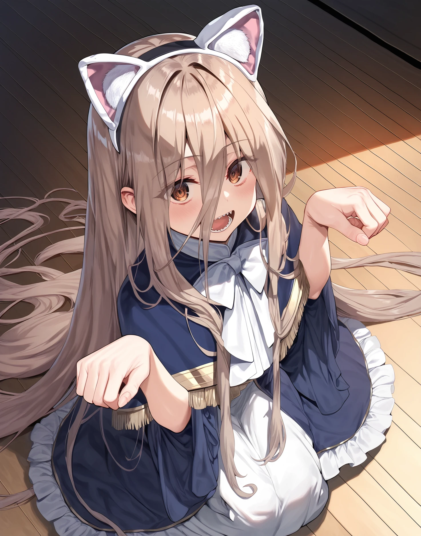 score_9, score_8_up, score_7_up,score_6_up, a girl on the floor, paw pose, open mouth, fake cat ears
<lora:benantoka_style_pony6_v2-000026:1> bnantkstyl <lora:sense_sousou no frieren_PONY_last:0.6> sense \(sousou no frieren\),brown eyes,very long hair,absurdly long hair,hair between eyes,eyes visible through hair, blue capelet,frilled dress,white long dress