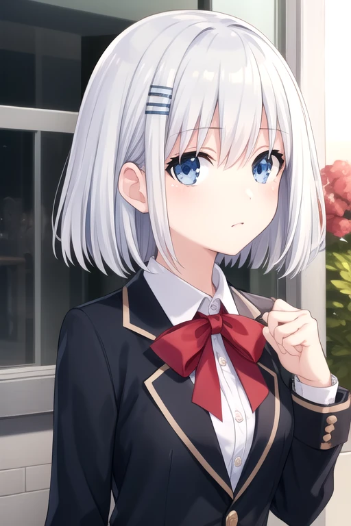 ((masterpiece)),(best quality),official art,extremely delicate and beautiful,extremely detailed CG,unity 8k wallpaper,ultra detailed,beautiful detailed eyes,extremely detailed face,outdoors,1girl,solo,upper body,(portrait:1.5),looking at viewer,facing viewer,deadpan,tobiichi origami,short hair,aqua hair,hairclip,hair between eyes,bangs,blue eyes,black jacket,white shirt,collared shirt,red ribbon,medium breasts,long sleeves,pleated skirt,miniskirt,blue skirt,white socks,loafers,<lora:Tobiichi Origami(dal)>,<lora:TSNeptunia-000045:0.5>,