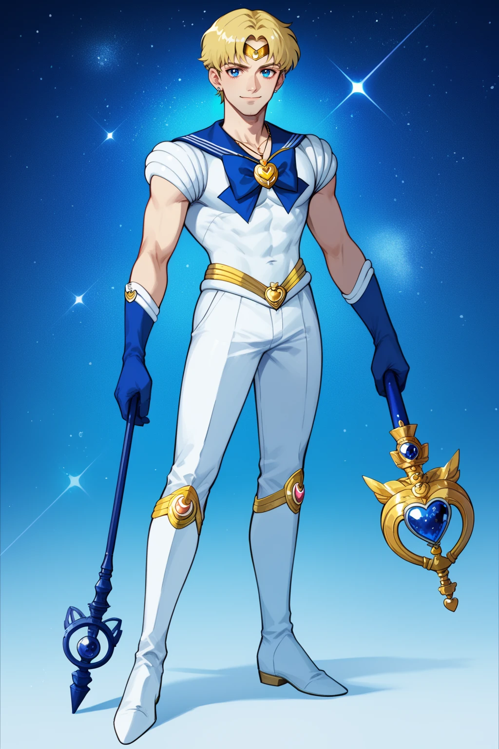 1boy, Alternative Sailor Moon, manly, blonde hair, blue eyes, circlet, smirk, blue sailor collar, boots, brooch, necklace with ruby pendant, closed mouth, crescent, crescent ear piercings, (silver short hair), hair ornament, heart brooch with , (blue bowtie), holding staff, white suit, knee boots, dark blue sailor pants, looking at viewer, magical boy, multicolored clothes, parted bangs, male sailor senshi uniform, solo, white footwear, dark blue gloves, starry night sky background, (shining moon:0.7), PonyXLV6_Scores, <lora:AltMoonPonyXL:1>