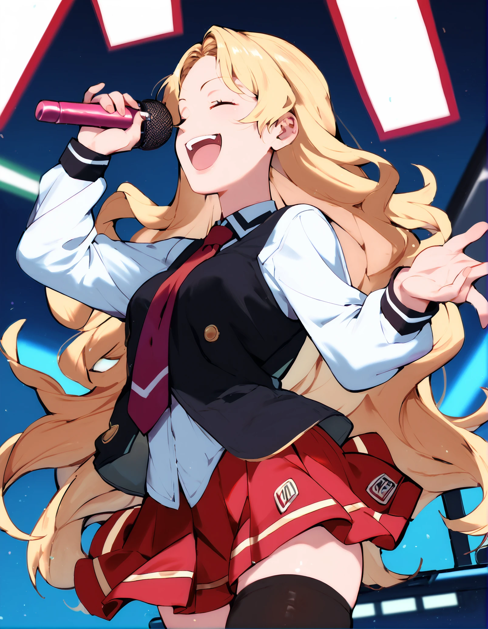 score_9, score_8_up, score_7_up,score_6_up, a girl in a karaoke, smile, very long hair, wavy hair, blonde, singing, 
 <lora:Blvefo9_style_pony6_v1:.8>  <lora:bible_black_uniform_xl_v3:.8> school uniform, white shirt, black vest, black thighhighs, red skirt, red necktie