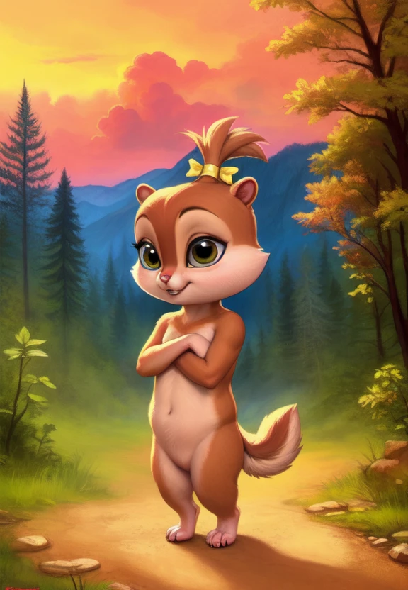 <lora:ChippyCartoonCharacI:1> ChippyCartoonCharacI,  solo, chibi,  Eyes Green, fur brown, Chipmunk,
[road, earth, forest, trees, sky, clouds, mountains,] (Hands on hips, standing,)
looking at viewer, to his full height, (beautiful, aesthetic, perfect, delicate, intricate, masterpiece, )
[by kenket|by totesfleisch8], by thebigslick:by silverfox5213:0.8], [by syuro, by paloma-paloma::0.2, (Tricksta, TotesFleisch8)
