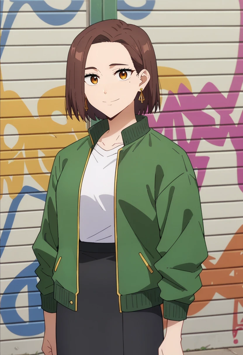 score_9, score_8_up, score_7_up, source_anime,
<lora:WindBreaker_TachibanaKotohaXL:0.8>, TachibanaKotoha,
1girl, closed mouth, light smile,
brown hair, medium hair, forehead, amber eyes, hair behind ear, earrings, mole under eye,
KotohaCasual, green jacket, open jacket, white shirt, black skirt,
standing, looking at viewer,
outdoors, graffiti