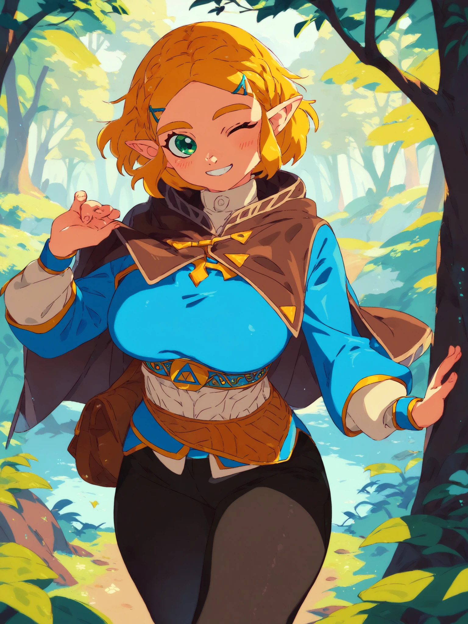 score_9, score_8_up, score_7_up, score_6_up, qppp, zeldacape, solo, blue shirt, large breasts, smile, wink, forest, capelet, black pants