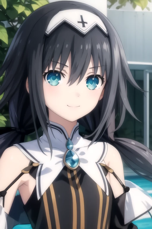 ((masterpiece)),(best quality),official art,extremely delicate and beautiful,extremely detailed CG,unity 8k wallpaper,ultra detailed,beautiful detailed eyes,extremely detailed face,outdoors,1girl,solo,upper body,(portrait:1.5),looking at viewer,facing viewer,smile,Nibelcole,very long hair,black hair,multicolored hair,low twintails,headband,white hairband,hair ribbon,black ribbon,hair bow,sidelocks,hair between eyes,bangs,aqua eyes,glowing eyes,bare shoulders,collarbone,black dress,sleeveless dress,black ribbon,small breasts,detached sleeves,long sleeves,white skirt,see-through,zettai ryouiki,black thighhighs,thigh boots,cross-laced footwear,black footwear,<lora:Nibelcole(dal)>,<lora:TSNeptunia-000045:0.5>,