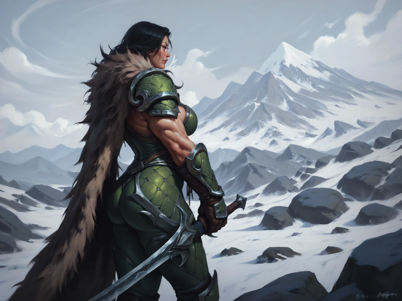 adult woman, mature, black hair, standing on the mountain, muscular female, green armor, gloves, pauldrons, holding sword, fur cape, ass, snow, mountains, side view, solo, <lora:Lineage_2_r1:0.8>, score_9, score_8_up, score_7_up