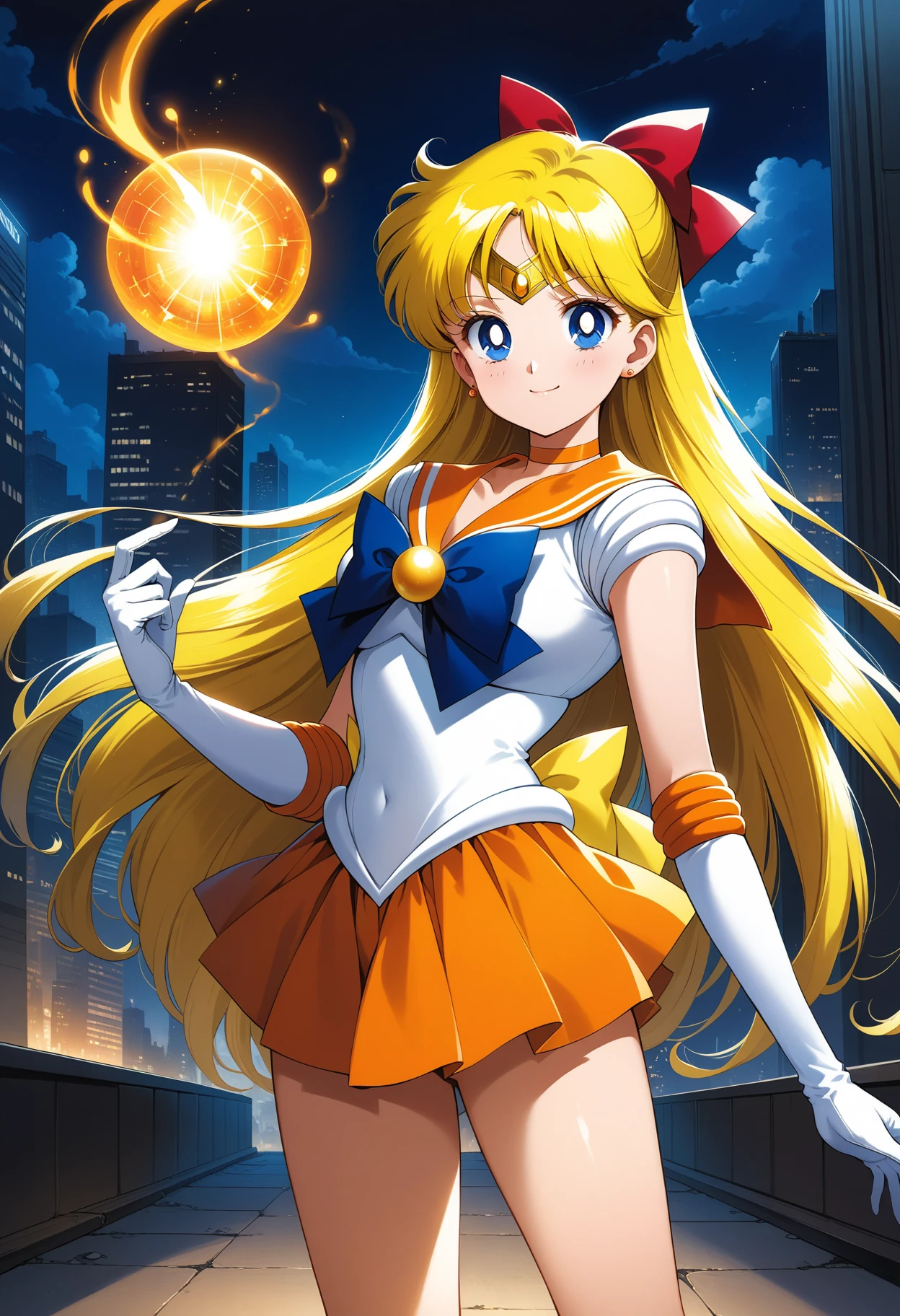 (masterpiece, best quality, very aesthetic, ultra detailed), intricate details, 4k, aavenus, long hair, blonde hair, hair bow, tiara, earrings, blue eyes, orange choker, orange sailor collar, blue bowtie, white shirt, elbow gloves, white gloves, pleated skirt, orange skirt, bare legs, <lora:sailor_venus_animaginexl_v2:0.9>, magic, city, night, standing, cowboy shot, smile,