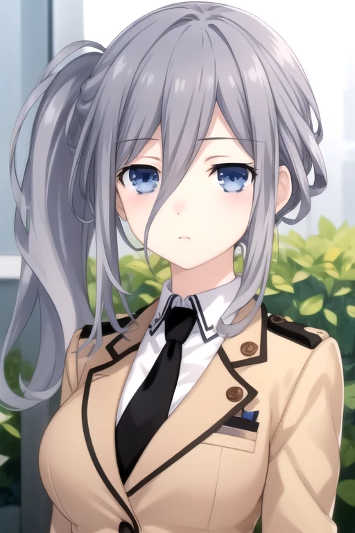 ((masterpiece)),(best quality),official art,extremely delicate and beautiful,extremely detailed CG,unity 8k wallpaper,ultra detailed,beautiful detailed eyes,extremely detailed face,outdoors,1girl,solo,upper body,(portrait:1.5),looking at viewer,facing viewer,deadpan,murasame reine,messy long hair,wavy hair,grey hair,side ponytail,sidelocks,hair between eyes,blue eyes,bags under eyes,sleepy,military uniform,beige jacket,brown wing collar,white shirt,collared shirt,black necktie,large breasts,black skirt,long sleeves,pencil skirt,black pantyhose,high heels,<lora:Murasame Reine(dal)>,<lora:TSNeptunia-000045:0.5>,