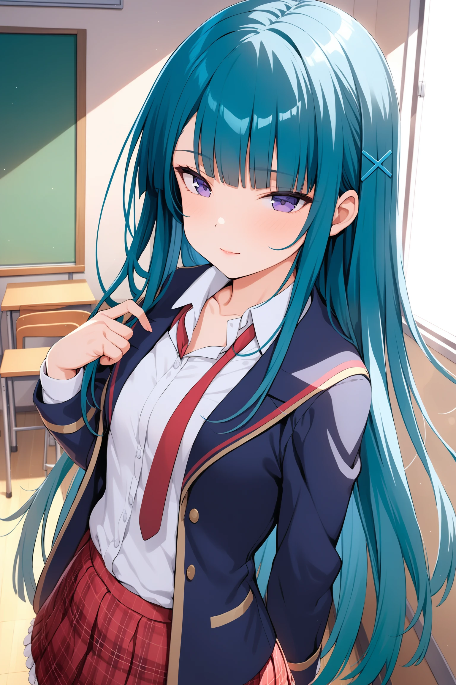 (masterpiece, best quality, very aesthetic, ultra detailed), intricate details, highly detailed background, perfect lightingbest quality, chiyouraayame, solo, indoors, classroom, aqua hair, blunt bangs, hairclip, x hair ornament, very long hair, purple eyes, small breasts, blue jacket, blazer, open jacket, red necktie, undone necktie, white shirt, red skirt, plaid skirt, school uniform, light smile, closed mouth, :), pink lips, <lora:Chiyoura-Ayame:0.7>