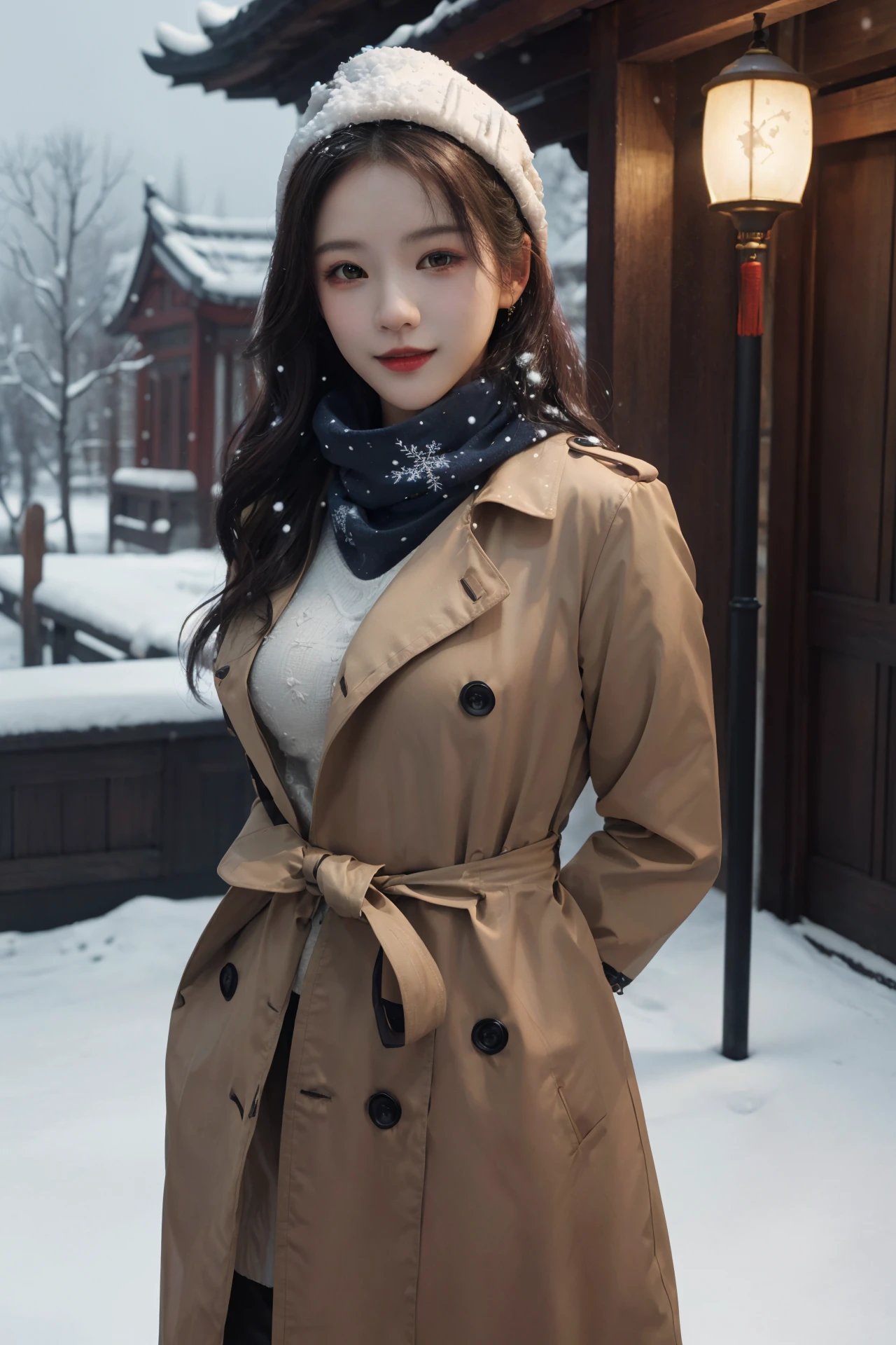 (4k, best quality, highres, absurdres, masterpiece:1.21), (realistic:1.331), detailed and intricate,
cinema light, (authentic skin texture:1.3),
1girl, perfect body, medium breasts, shiny skin,
light smile, arms behind back,
scarf, trench_coat,
chinese style architecture, snowing, snowflakes, winter, lamp,
<lora:add_detail:0.3>, <lora:girlslike_zyx5:0.7>