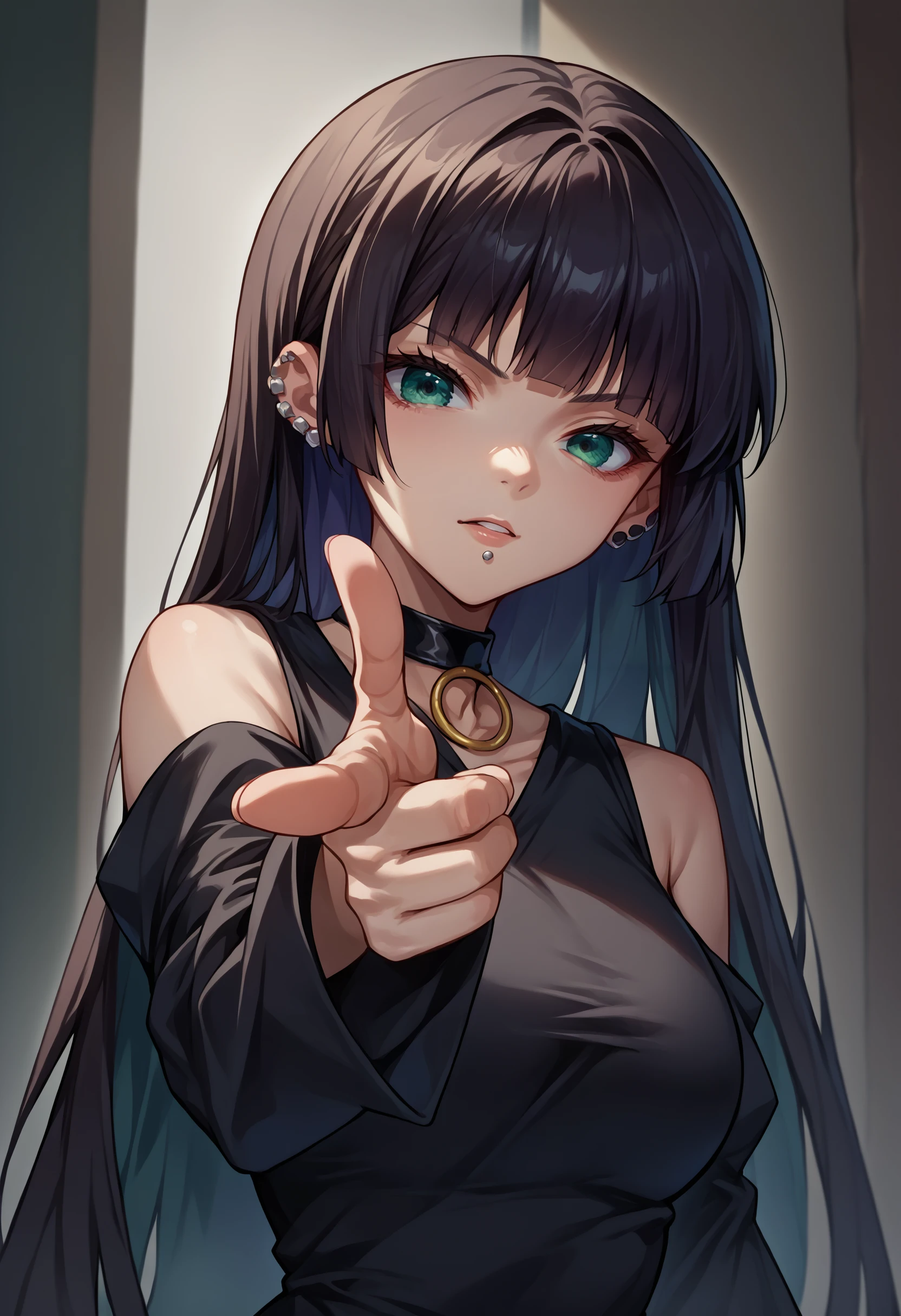 score_9, score_8_up, score_7_up, source_anime, 1girl, finger gun, pointing at viewer, <lora:Fingergun_XLPD:1>, upper body, <lora:Hoseki_BTR_Pasan_PDXL_v1:1>, pasan,, ear piercing, chin piercing, hime cut, choker, black dress, shoulder cutout, sleeves past fingers